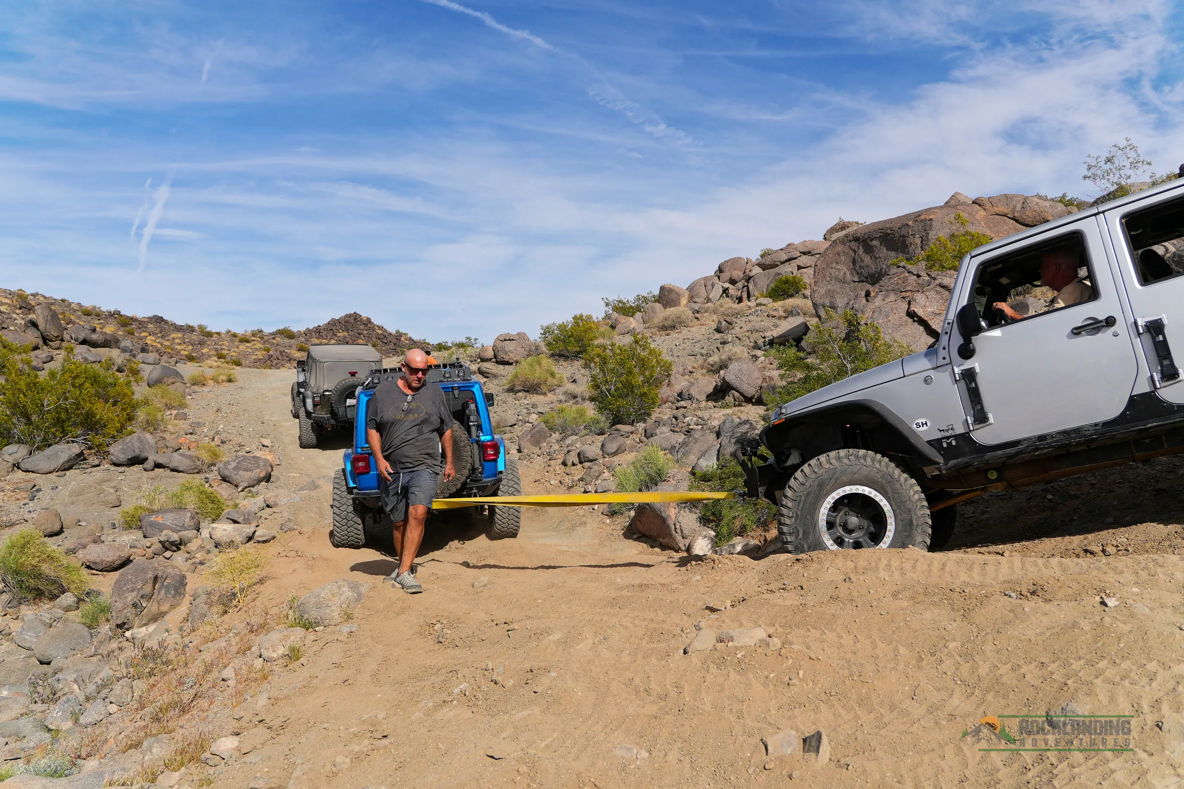 A 'Jeep train' -- two Jeeps trying to rescue Jeff's rig