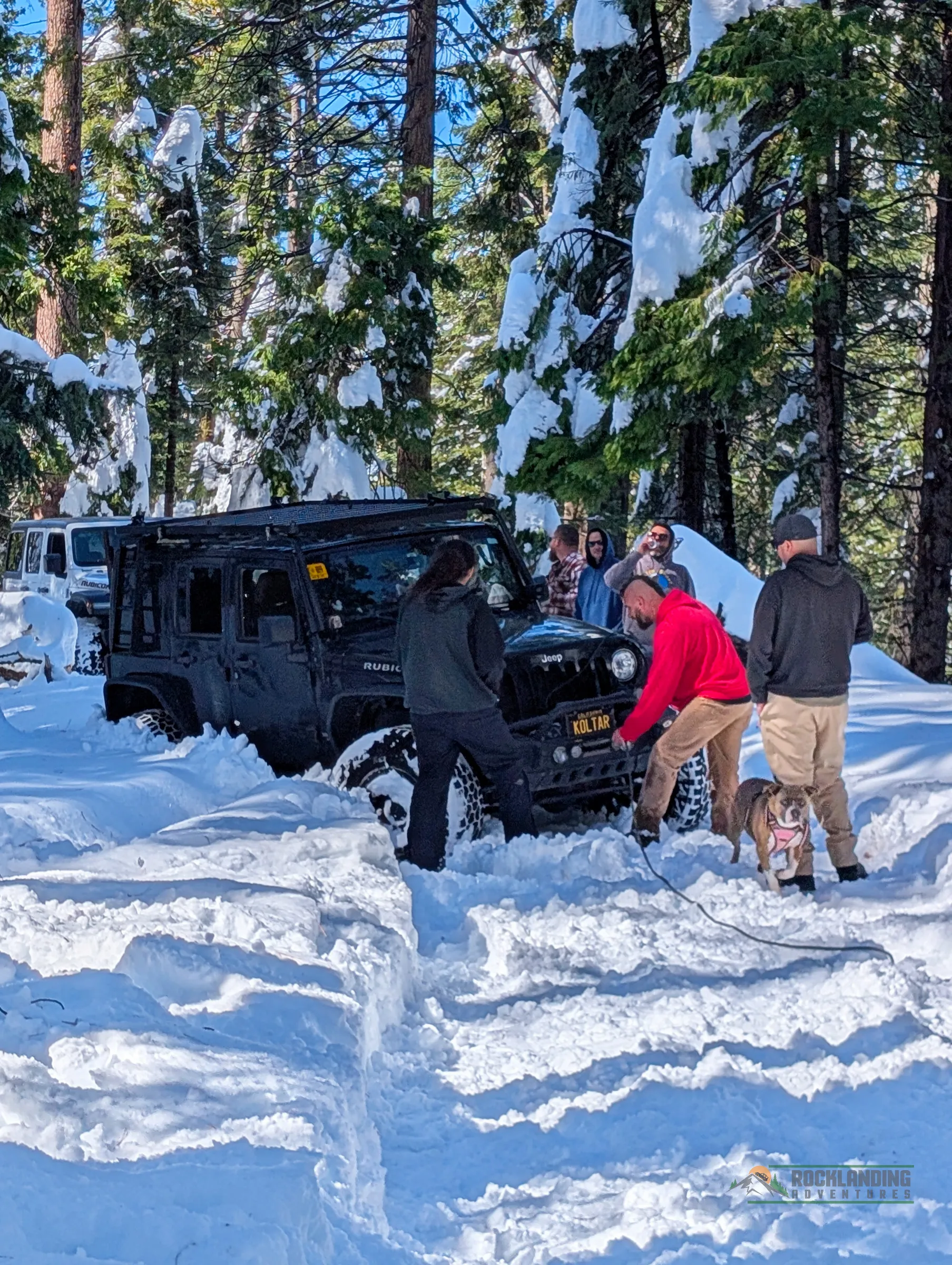 Several people watching as one person is pulling a winch line