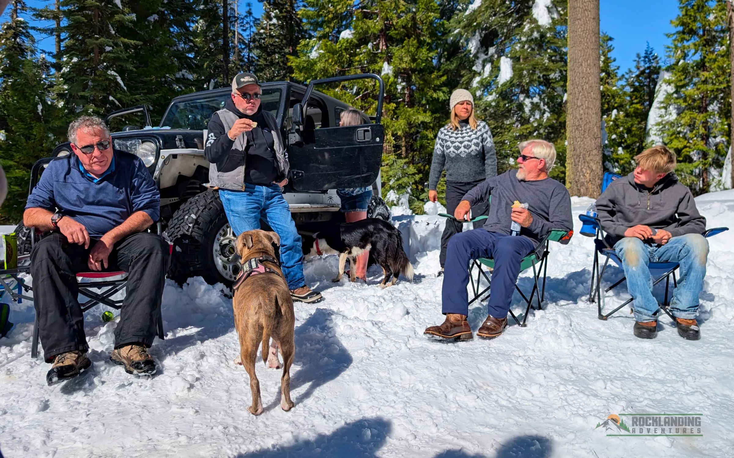Group of five people sitting and talking during lunch break